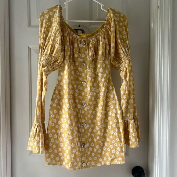 SABO SKIRT Sidney Mini Dress Yellow White Floral Print Long Flared Sleeve XS - Picture 3 of 7